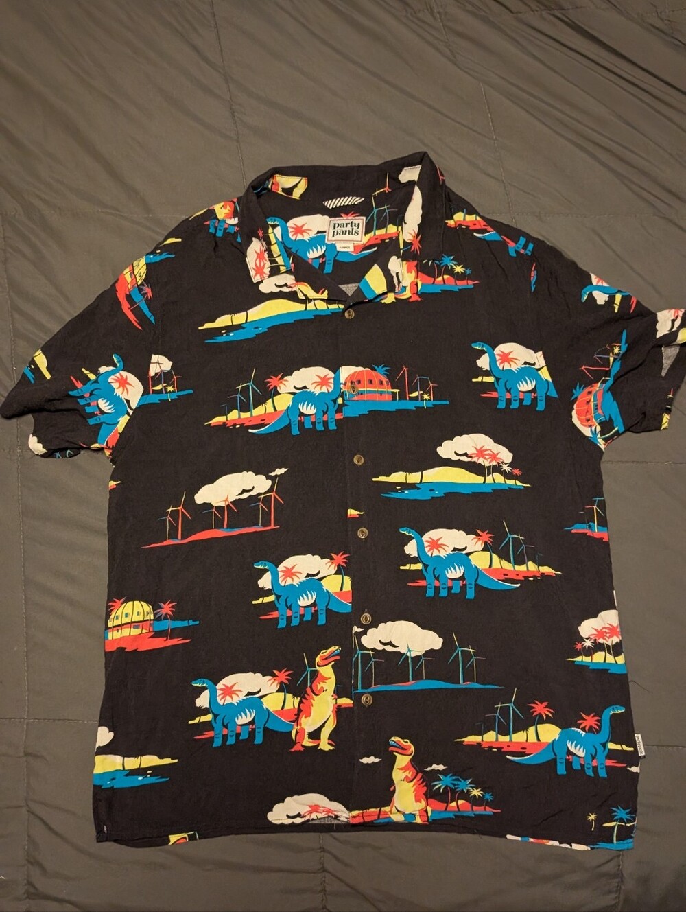 Party Pants Coachella Dinosaur Print Short Sleeve Cabana Shirt Large